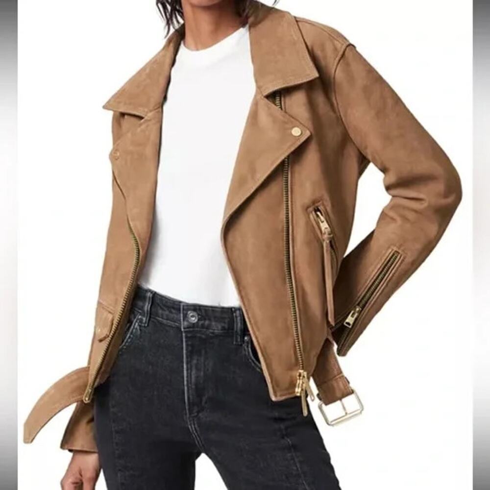 ALLSAINTS Luna Goat Suede Tan Leather Biker Zip Jacket XS
